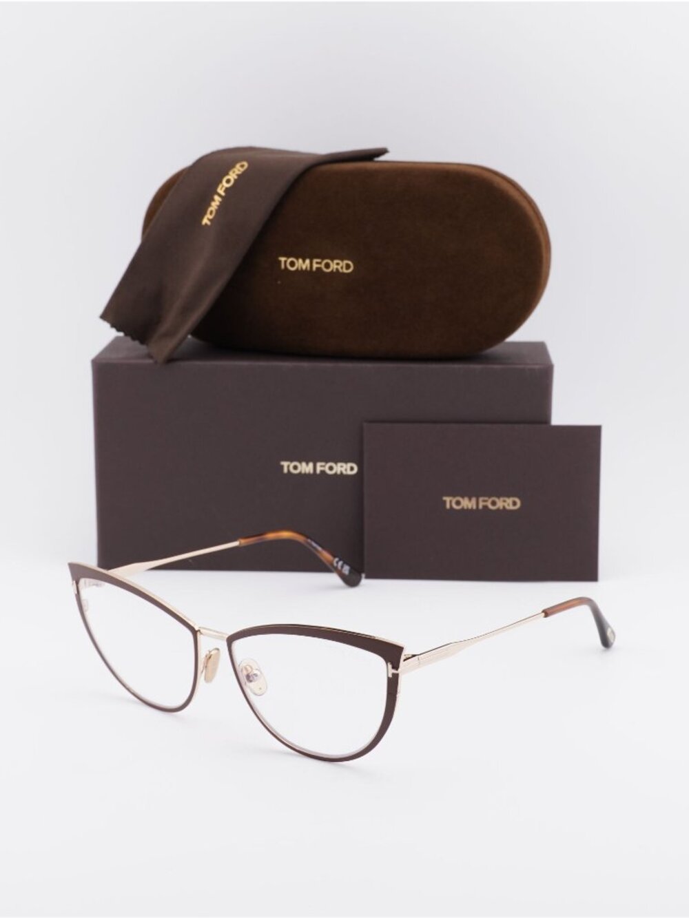 Tom Ford FT5877-B 046 Cat Eye Eyeglasses 56mm - Brown/Gold / Blue Light Block